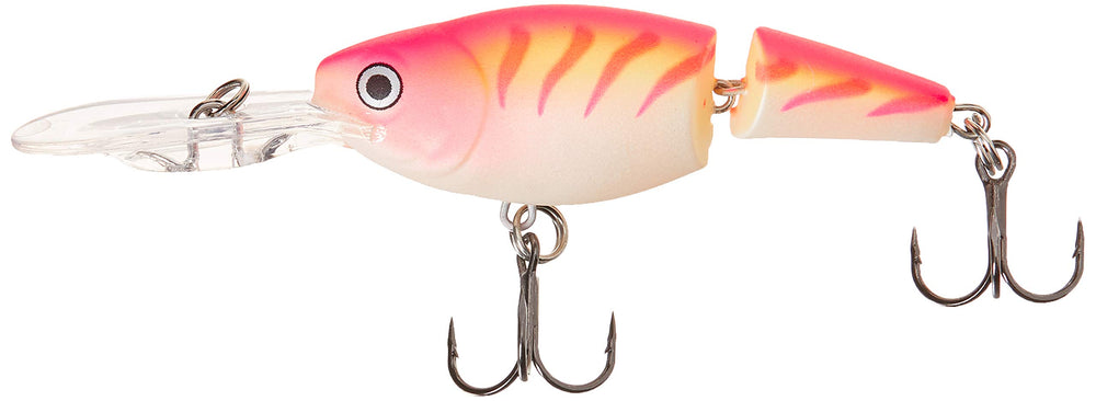 Rapala Jointed Shad Rap 05 Pink Tiger UV lure boosts visibility and attracts predators.