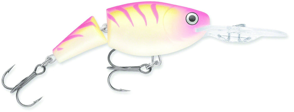 Rapala Jointed Shad Rap 07 Pink Tiger UV; lifelike action for versatile freshwater fishing.