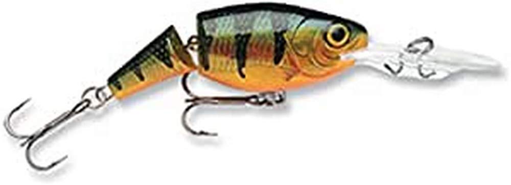 Rapala Jointed Shad Rap front view in legendary perch color highlighting wounded-minnow action for predatory fish.