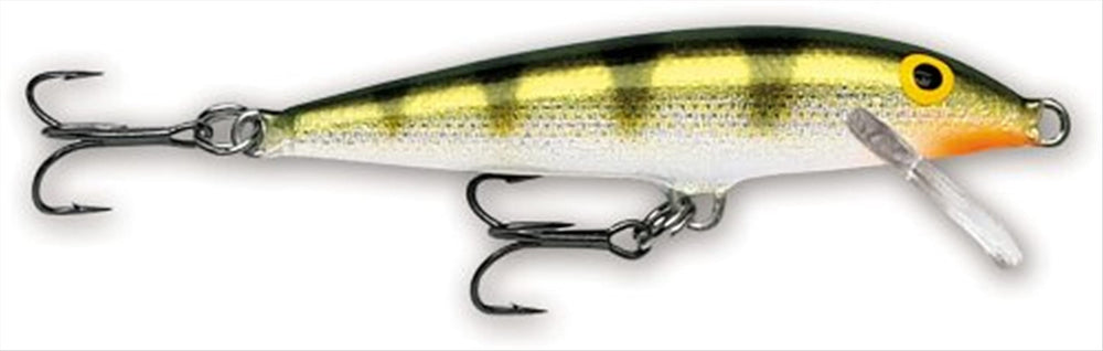 Rapala Original Floater 05 lure in Yellow Perch, showing wounded-minnow action for versatile retrieves.