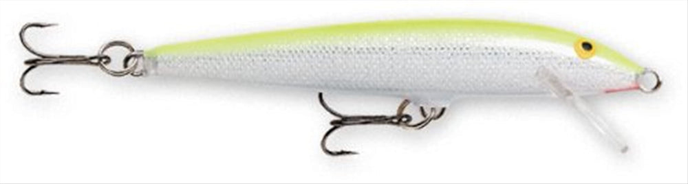 Rapala Original Floater 09 in silver fluorescent chartreuse, ideal for surface and shallow retrieves
