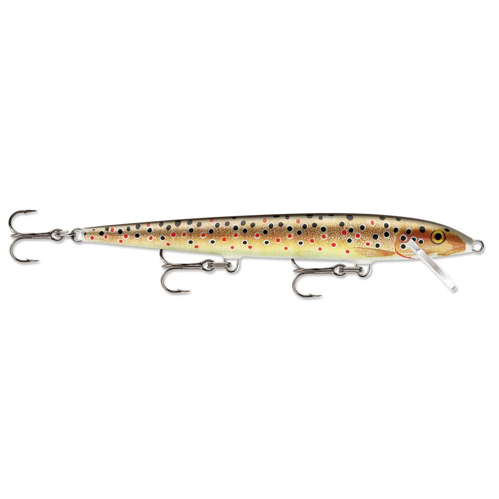 Rapala Original Floater 18 Brown Trout lure, front view, versatile for surface twitching and shallow retrieves.