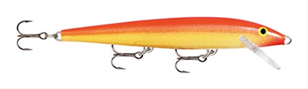 Rapala Original Floater 18 in gold fluorescent red for surface twitching and shallow retrieves.