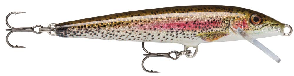 Rapala original floating lure 7cm front view with lifelike rainbow trout profile.