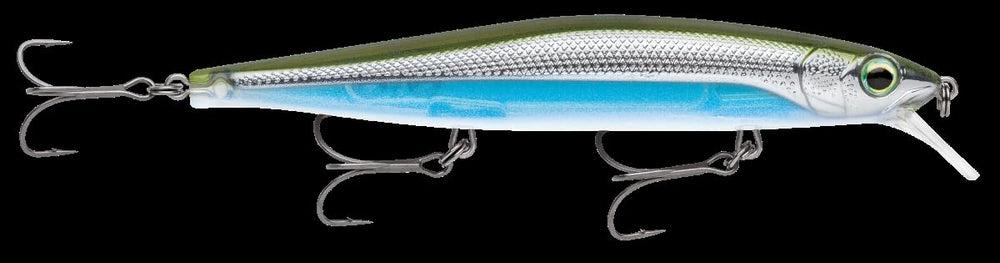 Rapala Precision Xtreme Mavrik jerkbait, metallic moss back shiner, boosts multi-species attraction with twitch-and-pause action.