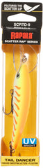 Rapala Scatter Rap Tail Dancer 09 orange tiger UV lure front view highlighting erratic action for casting