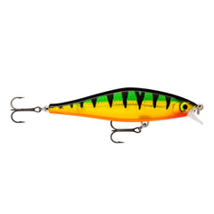Rapala Shadow Rap Perch lure close-up hooks emphasizes premium VMC thin wire hooks for strong hookups