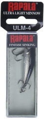 Rapala Ultra Light Minnow 04 Chrome detailed scales and 3D eyes enhance realism for lure appeal.