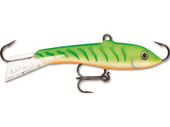 Rapala W2GTU Jigging Rap in Green Tiger UV attracts bites during ice fishing.