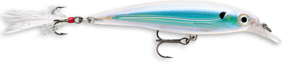 Rapala X-Rap 08 Albino Shiner lure close-up showing textured body and high visibility for long casts