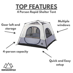 RAPIDSHELTER Caddis Rapid4 interior space provides roomy 4-person comfort for family camping.