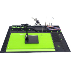 Raprance Fly Tying Mat & Storage Station shows a magnetic workspace securing hooks during tying.