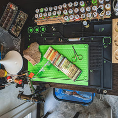 Raprance Fly Tying Mat & Storage Station highlights storage compartments for organized tools.