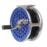 Raprance Vintage Classic Fly Reel blue front view shows durable aluminum construction for trout and saltwater use.