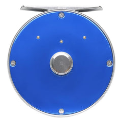 Raprance Vintage Classic Fly Reel blue side view highlights ambidextrous handling and quick-convert drag.