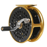 Raprance vintage fly reel side view in black and gold for 5/6 wt setups.