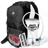 RaveRunner anti-theft hydration backpack front view showing secure pockets for festivals