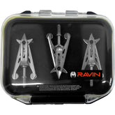 Ravin broadhead case showing magnetic storage holding six broadheads securely for transport