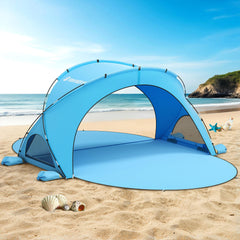 Raynesys beach tent square-top design offers roomy shade for 1 to 6 people.