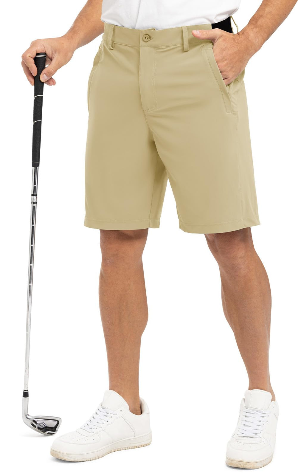 Rdruko golf shorts apricot front view showing 9-inch inseam for on-course comfort