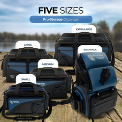 Side view of saltwater-resistant tackle bag with carry straps