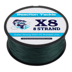 Reaction Tackle braided line closeup shows 8-strand strength for rugged fishing.