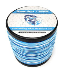 Reaction Tackle braided line blue camo closeup shows high strength for tough retrieves.
