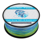 Reaction Tackle braided line camouflage aqua 40lb on 500yd spool boosts visibility and strength.