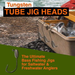 Reaction Tackle tungsten tube jig head close-up highlights dense tungsten for sensitive feel