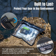 Reaction Tackle water-resistant bag close-up corner highlights reinforced durability.