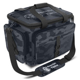 Reaction Tackle water-resistant camo bag front view for organized fishing gear.
