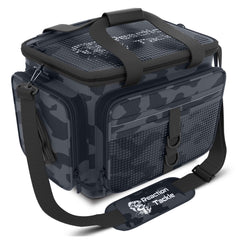 Reaction Tackle water-resistant camo bag front view for organized fishing gear.