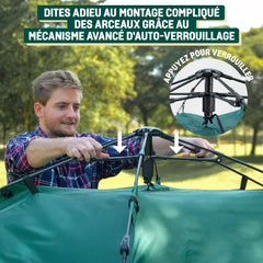 Reactive Outdoor tent with self-locking mechanism enables quick one-person setup in seconds.