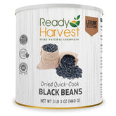 Ready Harvest emergency black beans can, top view, highlighting long shelf life and quick prep.