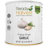 Ready Harvest freeze-dried garlic can front, ideal for long shelf life in emergency prep.