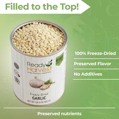 Ready Harvest garlic can label close-up, highlighting 25-year shelf life and pantry use.