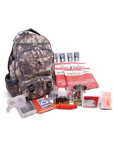 ReadyWise emergency backpack in camo showing organized compartments for quick access.
