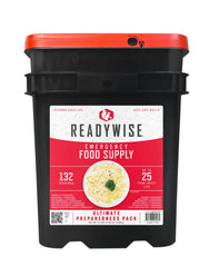 ReadyWise emergency food bucket shows 132 servings for dependable meal planning during outages.