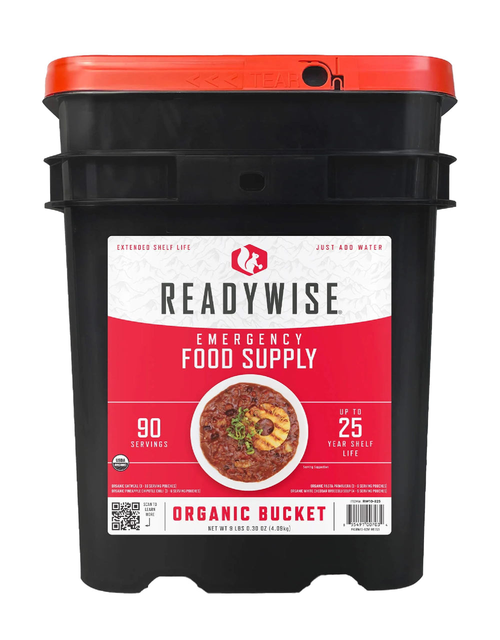 ReadyWise emergency food bucket front view for pantry-ready preparedness.