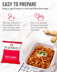 ReadyWise emergency food pouches inside bucket organized for long-term prep.