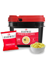 ReadyWise emergency food supply bucket shows 144 servings and long shelf life for preparedness.