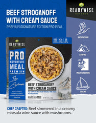 ReadyWise Outdoor Pro Beef Stroganoff beef chunks in pouch provide hearty trail protein.