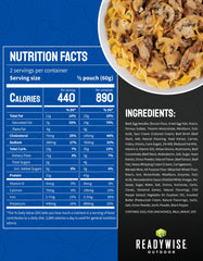 ReadyWise Outdoor Pro Beef Stroganoff with mushrooms and noodles in a convenient pouch for backpacking meals.