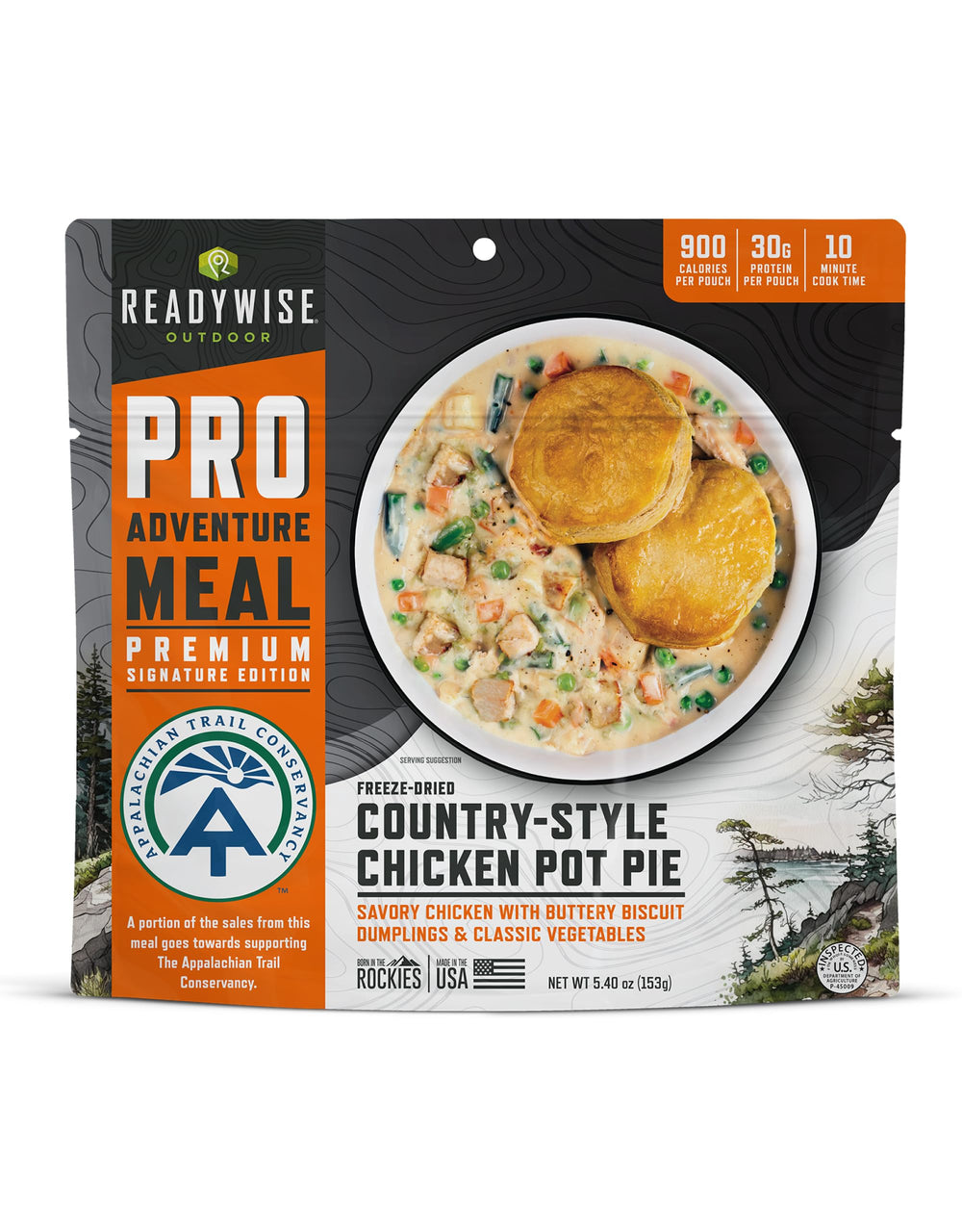 ReadyWise Outdoor Pro Meal country-style chicken pot pie pouch, perfect for camping on the trail.