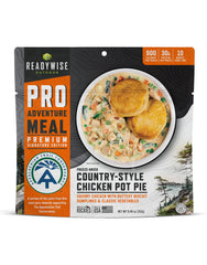 ReadyWise Outdoor Pro Meal country-style chicken pot pie pouch, perfect for camping on the trail.