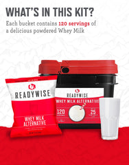 ReadyWise whey powdered milk with 25-year shelf life in sturdy bucket.