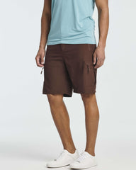 Real Essentials shorts highlighting elastic waistband for flexible outdoor movement