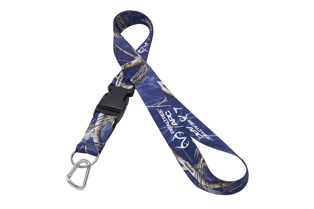 Realtree blue camo lanyard full view highlighting durable polyester webbing for everyday carry.