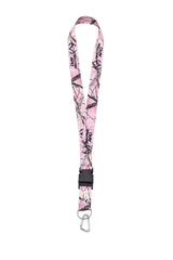 Close-up of Realtree pink camo carabiner on lanyard for reliable access.