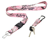 Realtree pink camo neck lanyard strap close-up for durable daily carry.